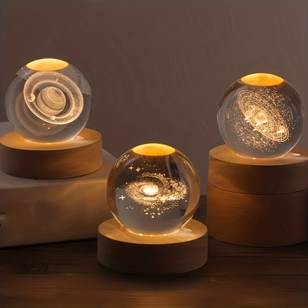 Esfera led del universo con base de madera